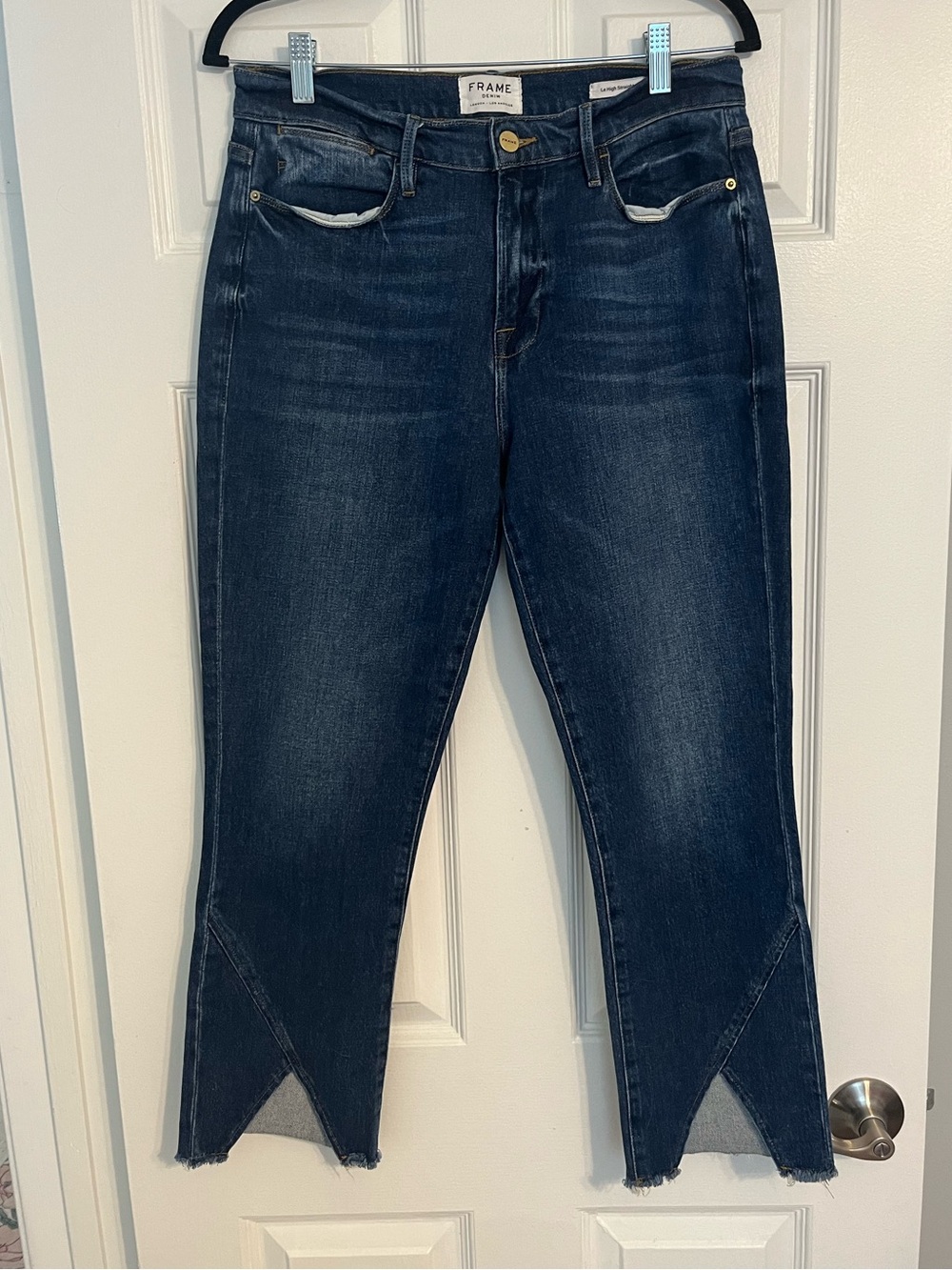 Frame Le High Straight Cropped Ankle Jeans with Raw Angled Hem in Kingsway
